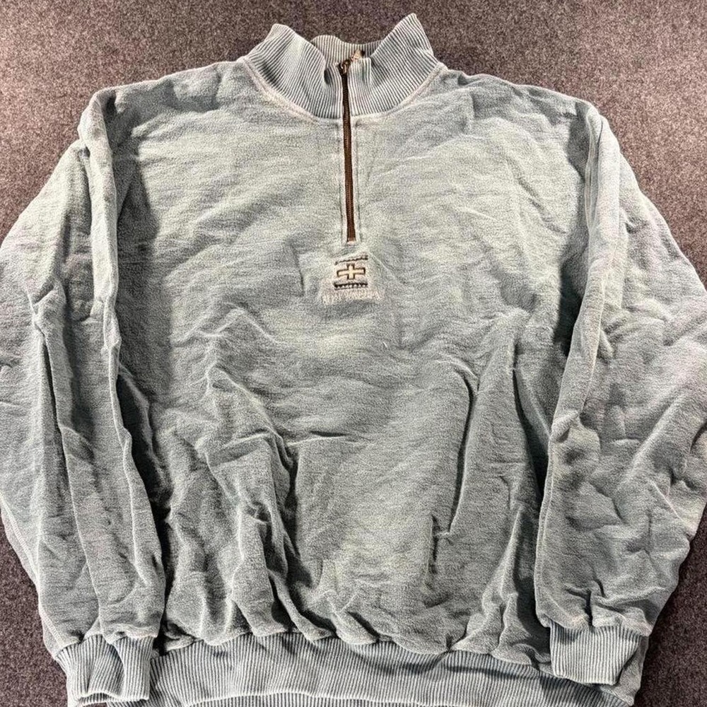Vintage SDI Sun Valley Mens XL Quarter Zip Pullover Cotton Sweatshirt Blue Green